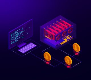 比特币加密货币农场工作的等距图。