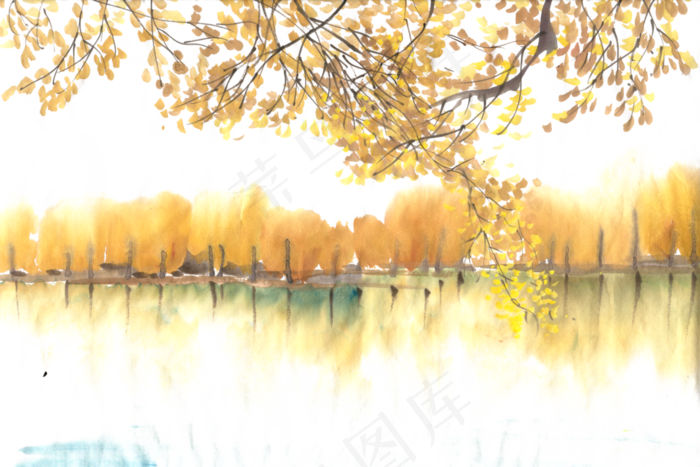 金色的秋天水墨画PNG免抠素材