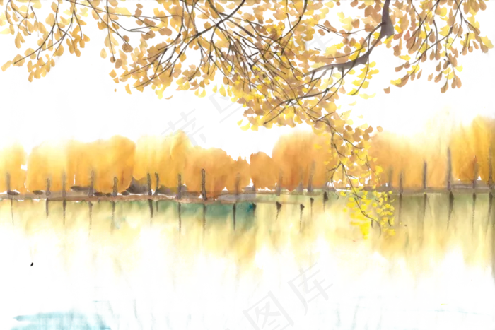 金色的秋天水墨画PNG免抠素材(3543X4724(DPI:150))psd模版下载