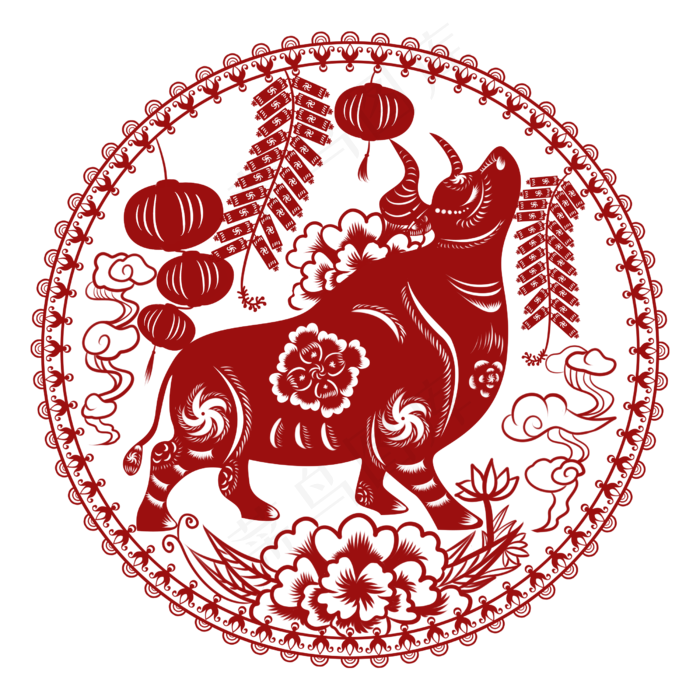 红色剪纸牛年(2500X2500(DPI:300))psd模版下载