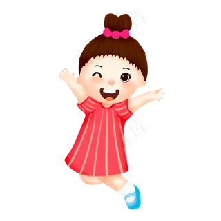 女孩跳跃开学季儿童红裙子卡通人