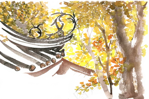 古寺的秋天水彩画PNG免抠素材