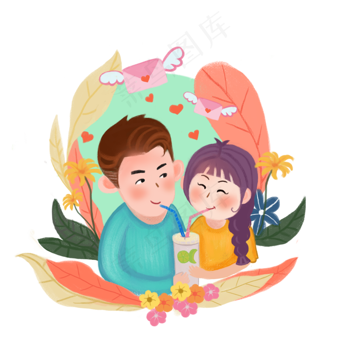 情人节七夕情侣甜蜜虐狗共喝可乐(2000X2000(DPI:300))psd模版下载