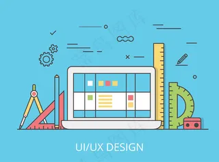 线性平面ui/ux界面设计网站英雄形象插图。用户体验，规划和测试应用程序app和软件概念。笔记本电脑、数字化仪、标尺和线框
