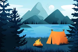 夏季景观背景，可缩放帐篷和山脉