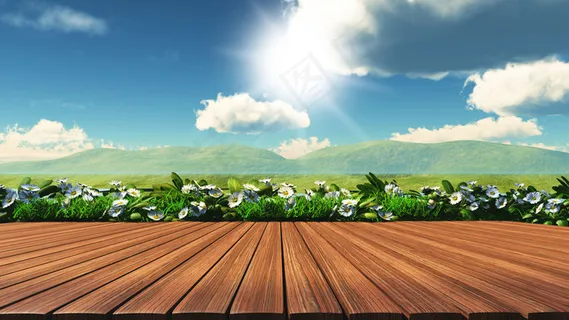 带雏菊、草地和山丘的3d木桌 带雏菊、草地和山丘的3d木桌