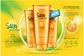 防晒霜化妆管，防晒产品。杂志插图，广告模板。