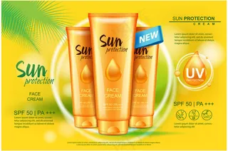 防晒霜化妆管，防晒产品。杂志插图，广告模板。