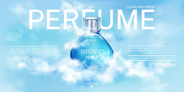 香水喷雾瓶在多云的天空旗帜banner。 香水喷雾瓶在多云的天空旗帜banner。