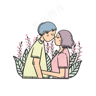 七夕节情人节卡通拥抱亲吻的情侣