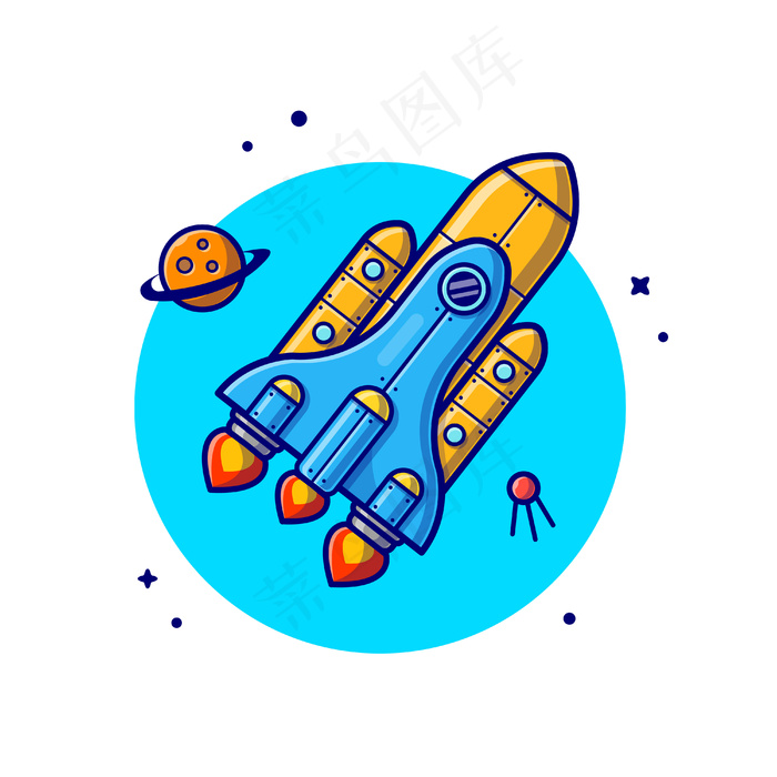航天飞机飞行与行星和卫星空间卡通图标插图。eps,ai矢量模版下载