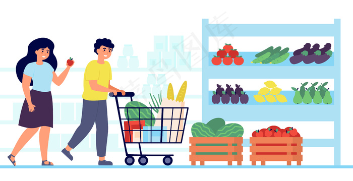 高兴的顾客在杂货店买食物eps,ai矢量模版下载