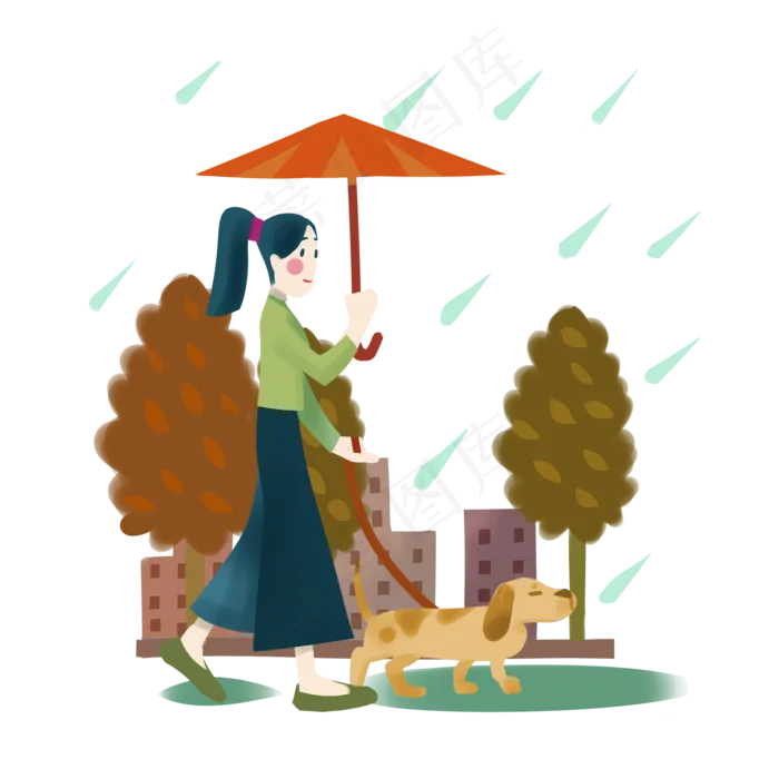 秋雨女子打红伞雨中遛狗散步PN(2000X2000(DPI:300))psd模版下载