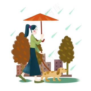 秋雨女子打红伞雨中遛狗散步PN