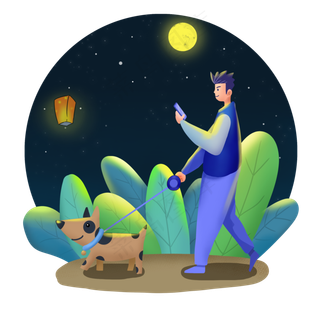 中秋节月下遛狗城市里的中秋节手