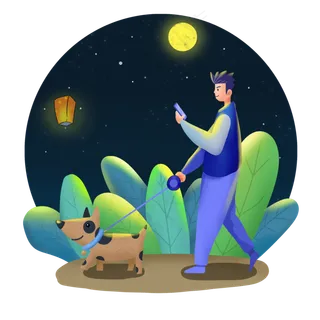 中秋节月下遛狗城市里的中秋节手