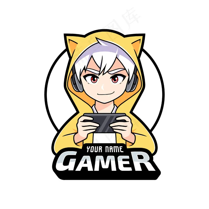 游戏玩家动漫男孩玩智能手机电子竞技标志eps,ai矢量模版下载