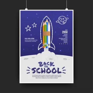 彩色铅笔火箭发射到太空背景，欢迎回到学校的概念