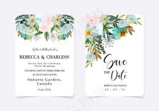 一套粉色和蓝色花朵的婚礼请柬