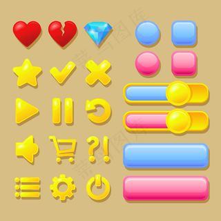 用户界面元素，粉色和蓝色按钮，心形，菱形，金色图标。