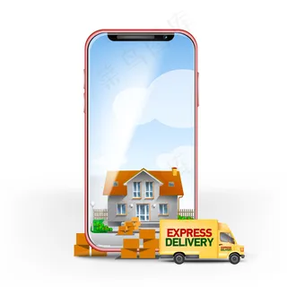 手机屏幕上有快递上门和邮箱装箱子。交付服务的现成模板