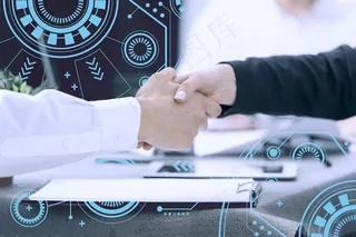 有科技背景的人类握手特写镜头