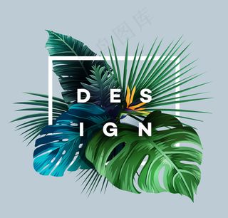 明亮的热带丛林植物背景。奇异的棕榈叶图案。