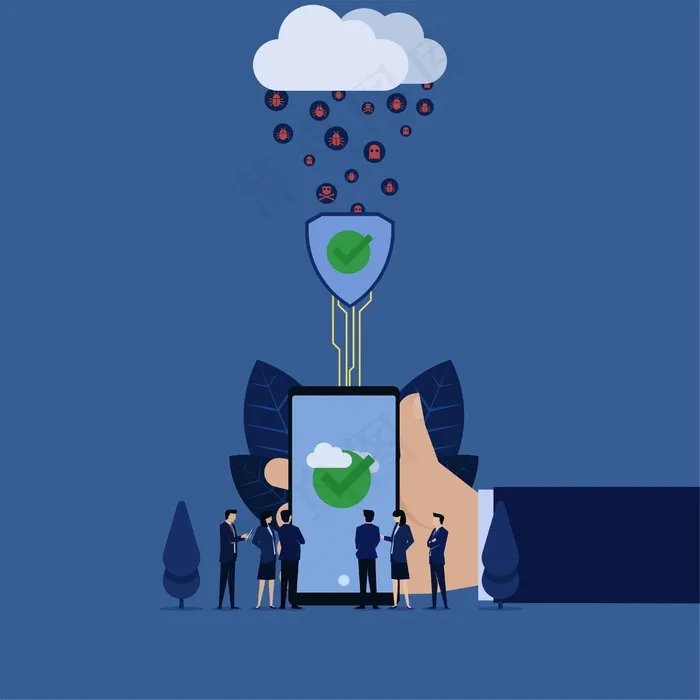商人把手机从网上云病毒保护比喻为安全连接。eps,ai矢量模版下载