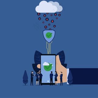 商人把手机从网上云病毒保护比喻为安全连接。