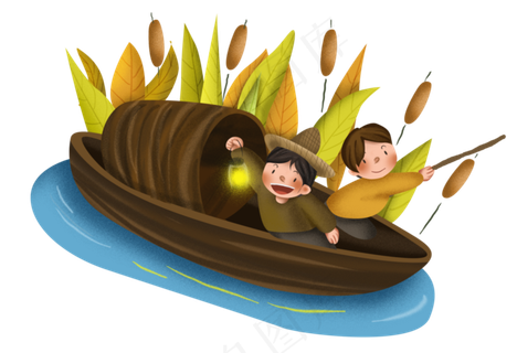 秋季游玩河边的芦苇和乌篷船