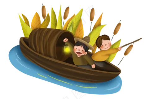 秋季游玩河边的芦苇和乌篷船