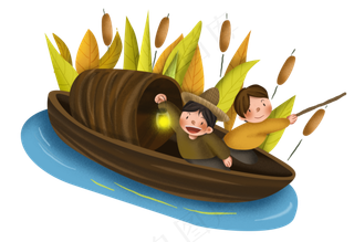 秋季游玩河边的芦苇和乌篷船