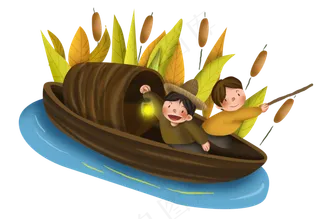 秋季游玩河边的芦苇和乌篷船