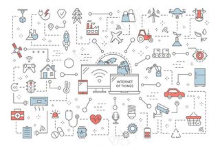 物联网概念。现代全球技术。设备和家用电器之间的连接。智能家居理念。物联网图标集。插图