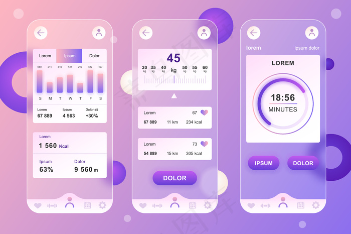 健身训练glassmorphic design neumorphic elements kit for mobile app ui ux gui屏幕集eps,ai矢量模版下载