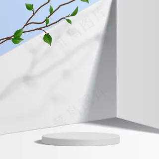 白色背景的圆柱形白色讲台,带树叶。产品展示、化妆品展示现场、讲台、台座或平台。简单清洁 白色背景的圆柱形白色讲台,带树叶。产品展示、化妆品展示现场、讲台、台座或平台。简单清洁