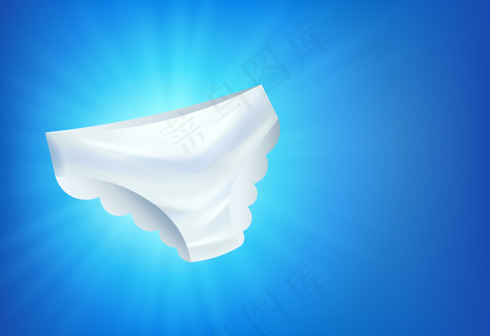 蓝色背景，空白处，闪亮的白色女性内裤。优雅的女士比基尼，写实风格的插图