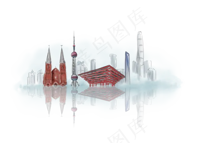 手绘上海地标建筑(3543X2313(DPI:299))psd模版下载