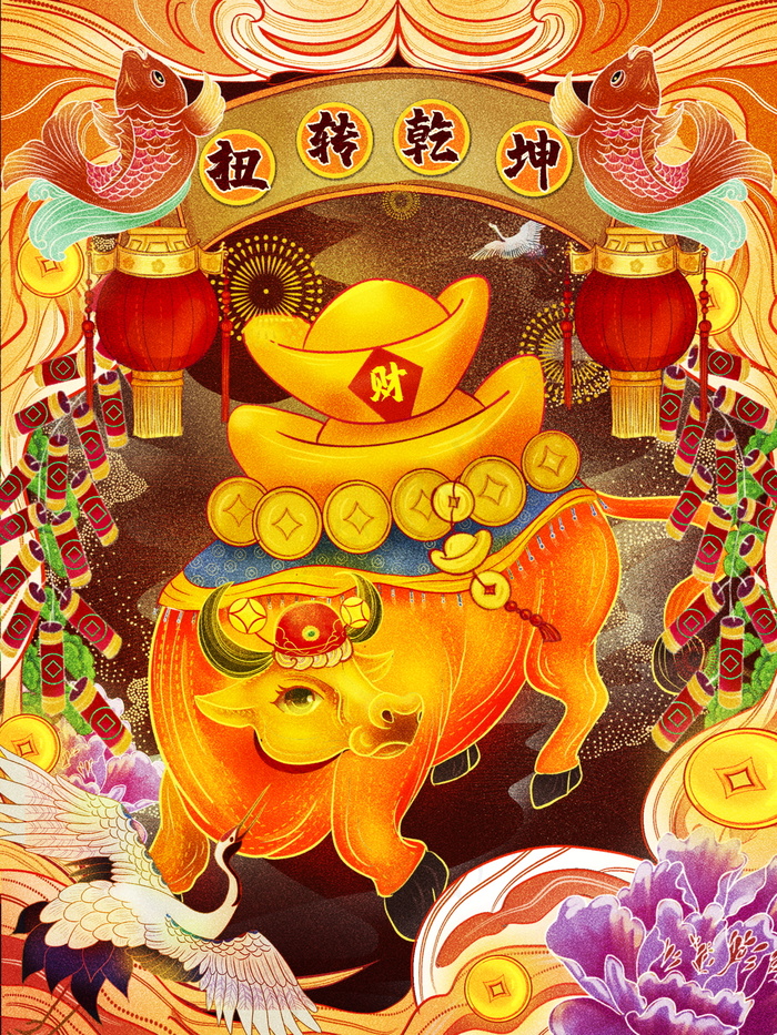 牛年插画 牛年海报 新春海报psd模版下载