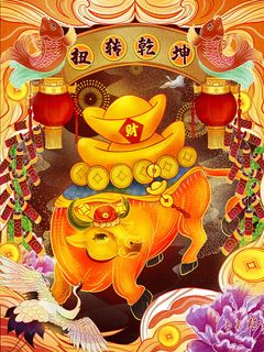 牛年插画 牛年海报 新春海报