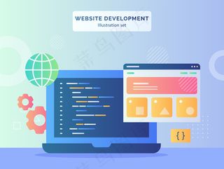 网站开发插图集网架语言程序编码于一体的平板式齿轮地球仪显示器笔记本电脑背景。