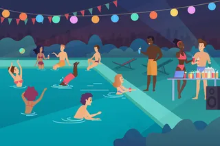 快乐的年轻人在晚上举行游泳池聚会卡通插画