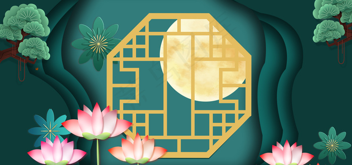 简约中秋节剪纸风中国风背景