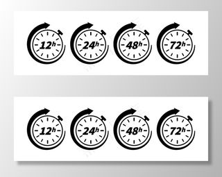 12、24、48和72小时时钟箭头图标隔离在白色背景上。网页和印刷设计的概念元素。工作时间效应或送货服务时间。