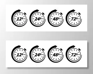 12、24、48和72小时时钟箭头图标隔离在白色背景上。网页和印刷设计的概念元素。工作时间效应或送货服务时间。