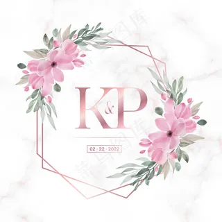 玫瑰金圆形框架，大理石背景上有花卉图案，用于制作婚礼花押字标志和请柬