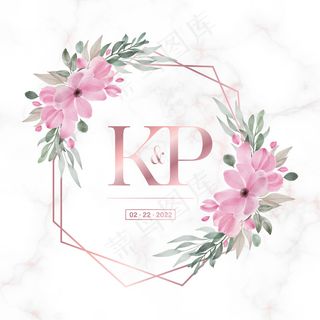 玫瑰金圆形框架，大理石背景上有花卉图案，用于制作婚礼花押字标志和请柬