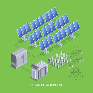 具有太阳能电池板和可再生电力的太阳能发电厂绿色背景