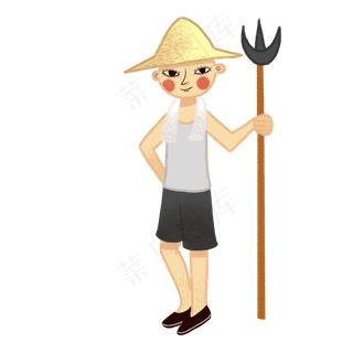 手绘矢量卡通立秋秋季戴草帽的农