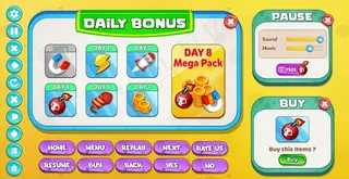 休闲卡通儿童游戏界面每日奖金，暂停和购买菜单弹出与明星按钮